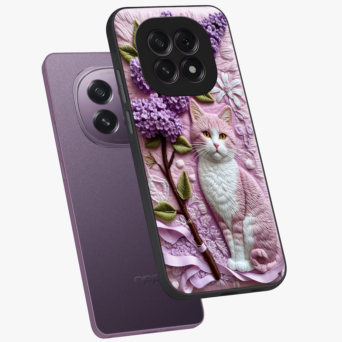Lavender Cat Whimsy Glass Case displayed in angled mockup highlighting playful feline illustration with pastel lavender aesthetic.