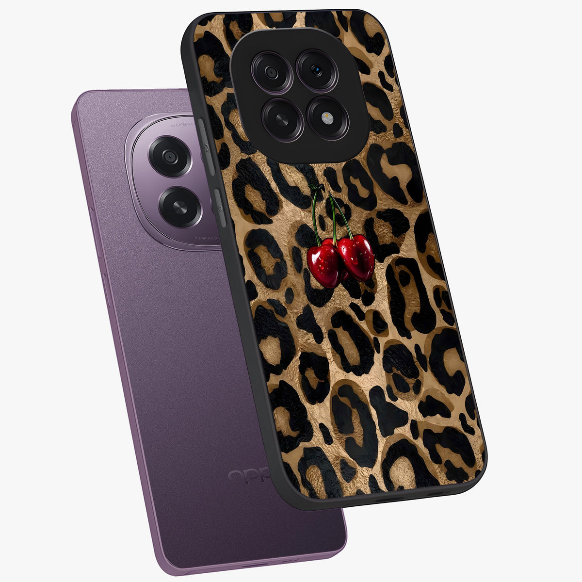 Leopard Wild Cherry Glass Case displayed in angled mockup highlighting bold animal print design with playful cherry aesthetic.