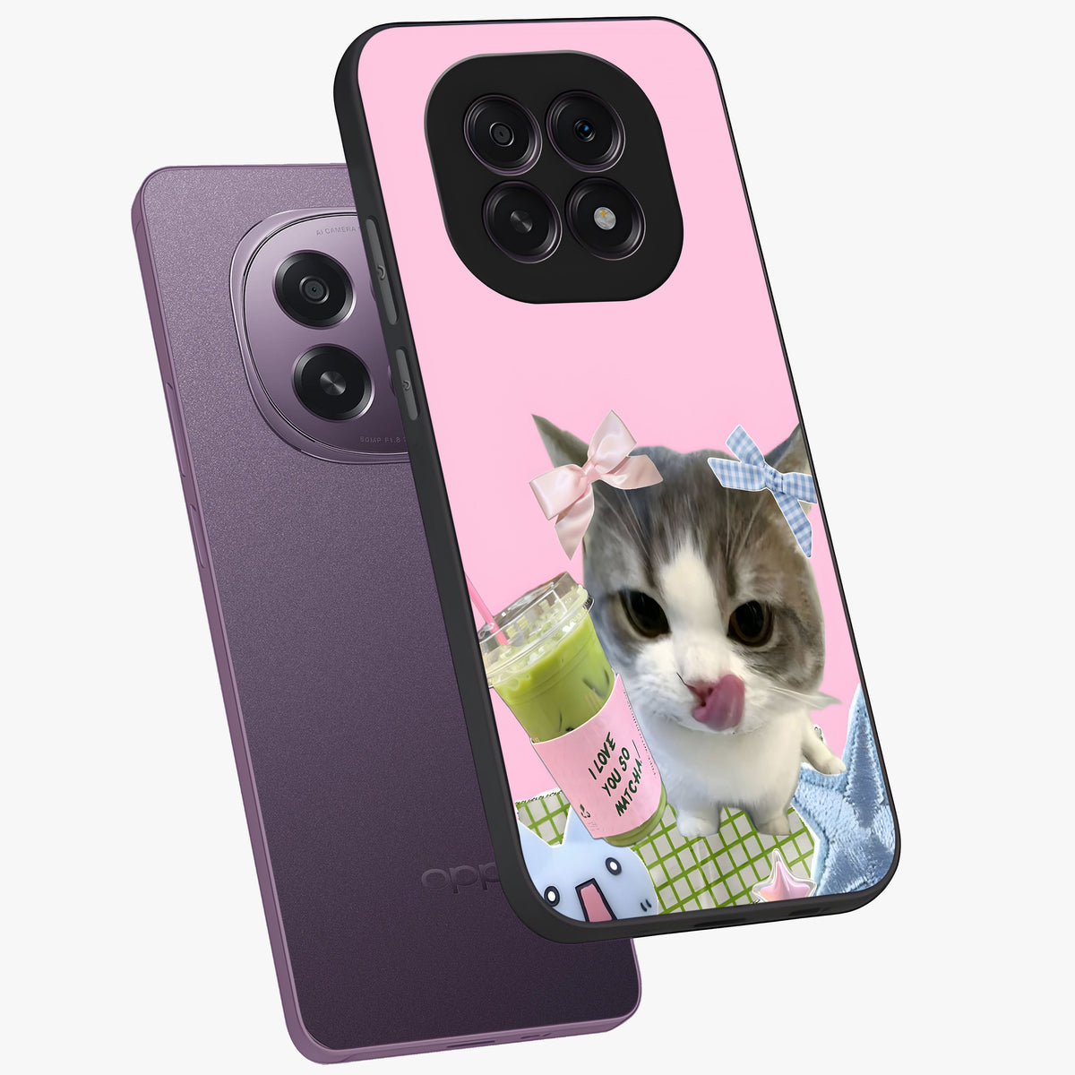 Love Matcha Cat Glass Case displayed in angled mockup highlighting playful feline illustration with cozy matcha aesthetic.
