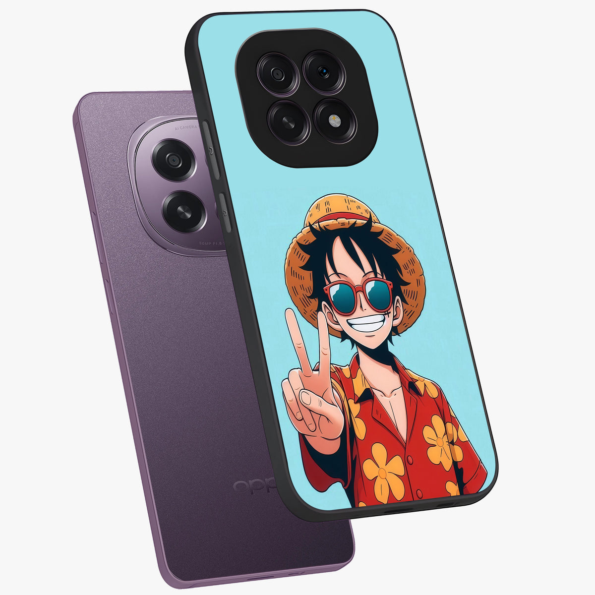 Luffy Summer Anime Vibe Glass Case displayed in angled mockup highlighting energetic anime illustration with summer vibe aesthetic.