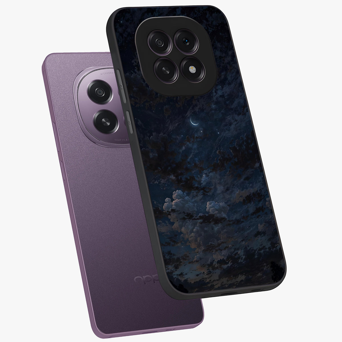 Lunar Veil Silence Glass Case displayed in angled mockup highlighting soft lunar design with peaceful celestial aesthetic.