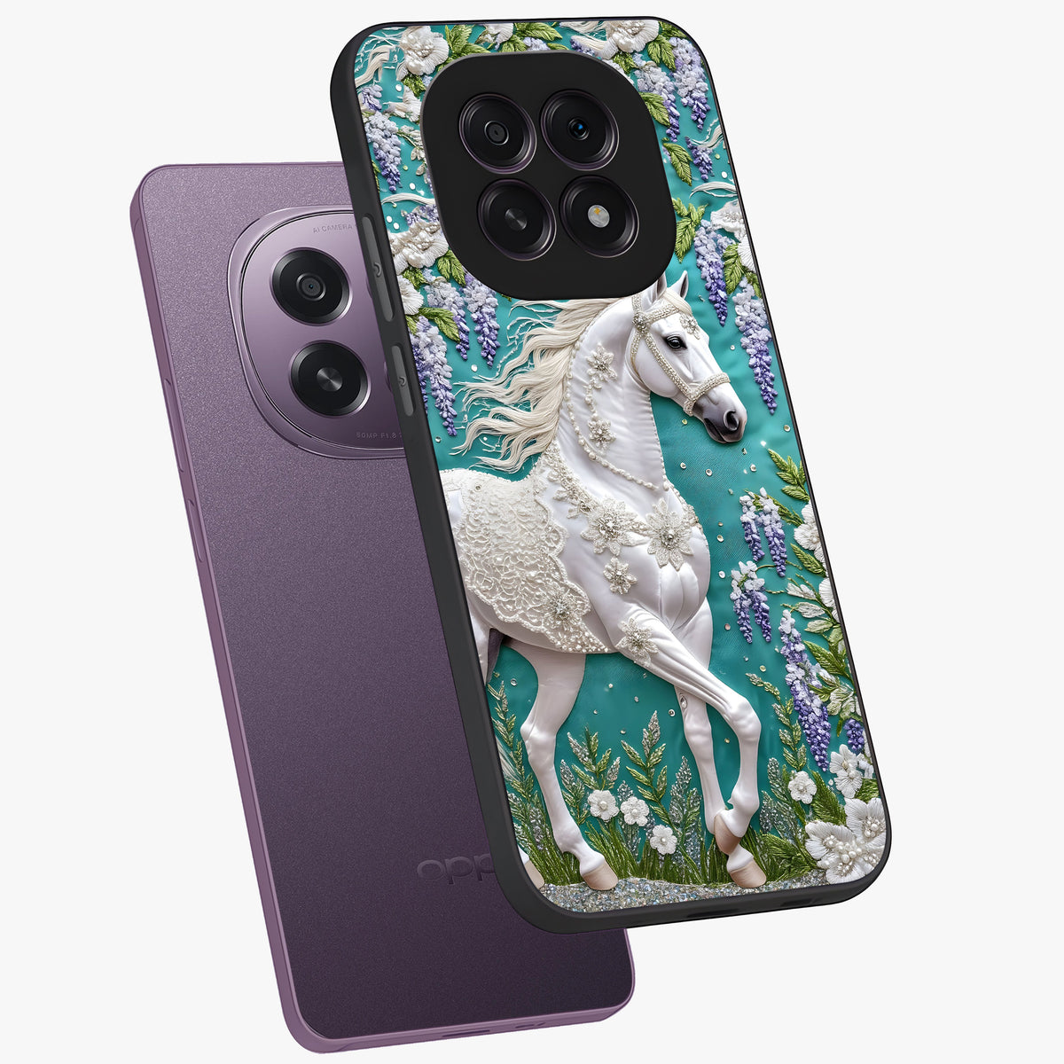 Majestic Floral Stallion Glass Case displayed in angled mockup highlighting majestic stallion illustration with elegant floral aesthetic.
