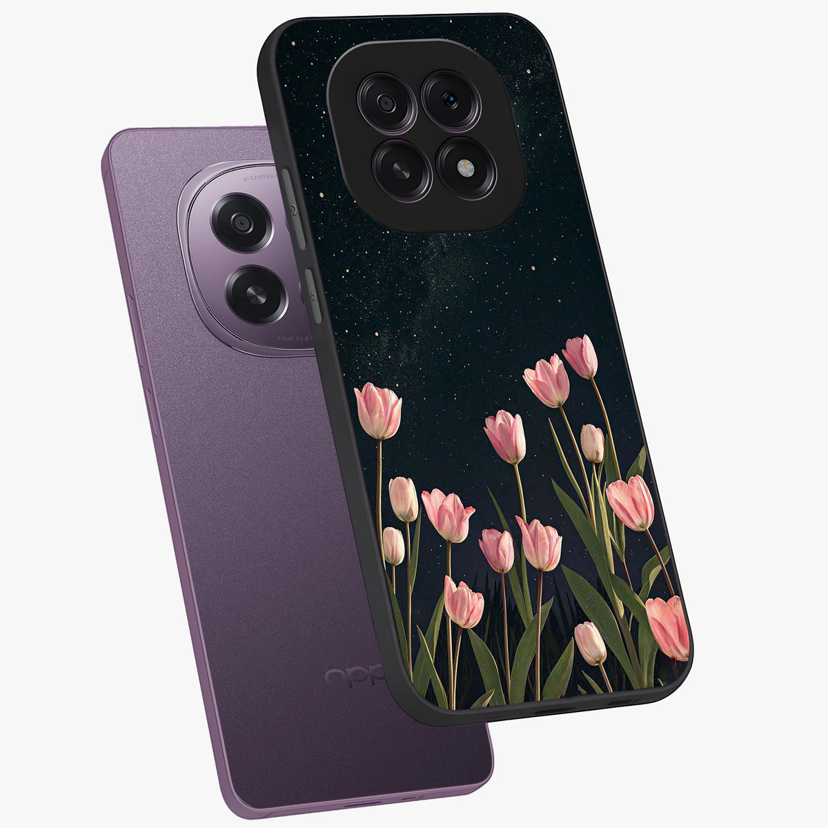Midnight Tulip Whispers Vibe Glass Case displayed in angled mockup highlighting delicate tulip design with midnight floral aesthetic.