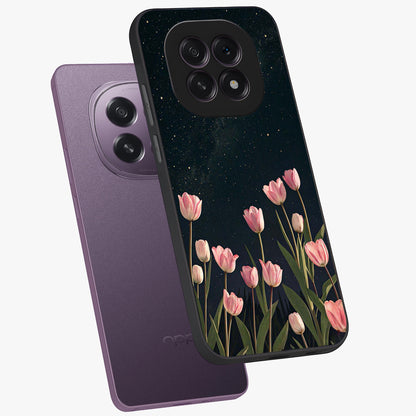 Midnight Tulip Whispers Vibe Glass Case displayed in angled mockup highlighting delicate tulip design with midnight floral aesthetic.