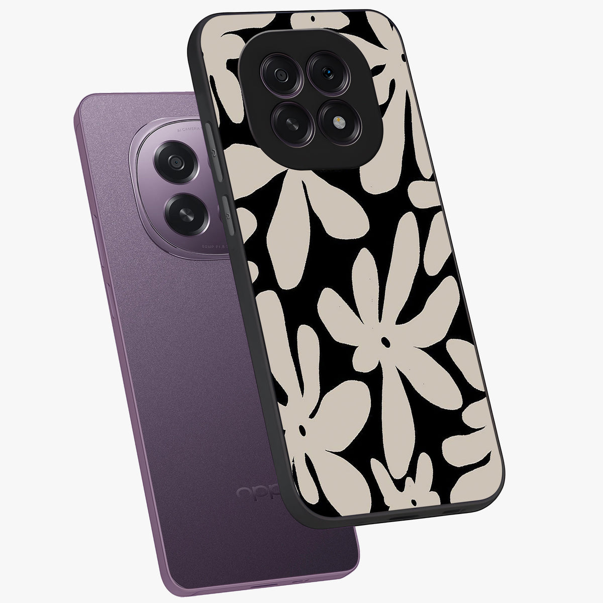 Monochrome Petal Dance Glass Case displayed in angled mockup highlighting elegant petal design with black and white aesthetic.