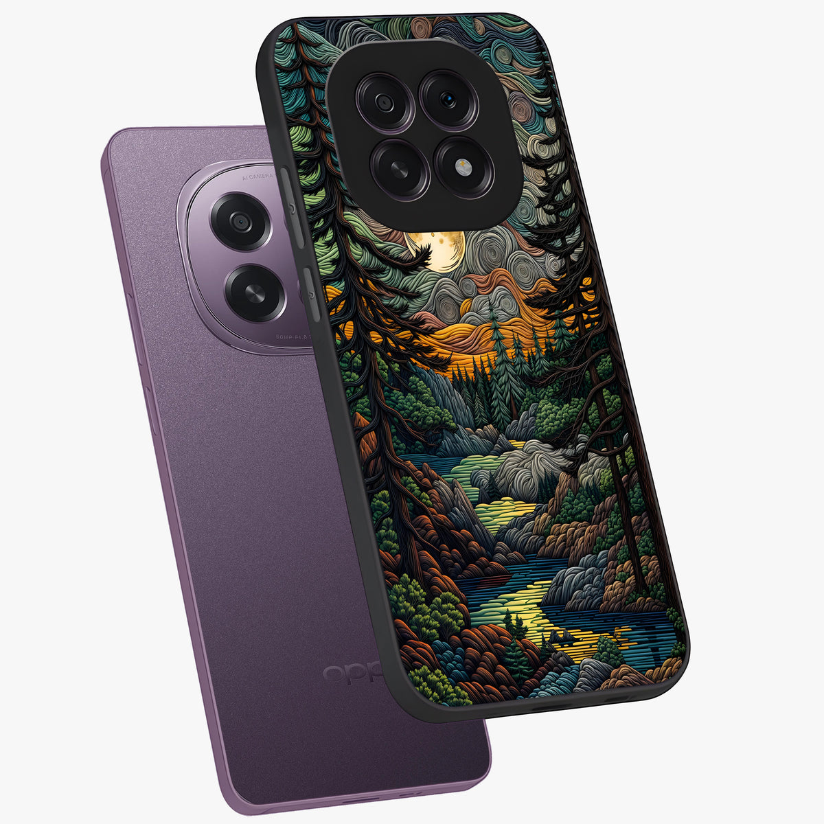 Moonlight Forest Dream Glass Case displayed in angled mockup highlighting dreamy forest design with glowing moon aesthetic.