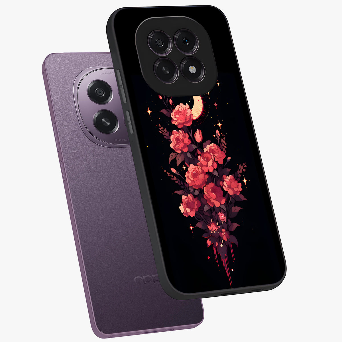 Moonlit Floral Elegance Glass Case displayed in angled mockup highlighting graceful flower design with soft moonlight aesthetic.