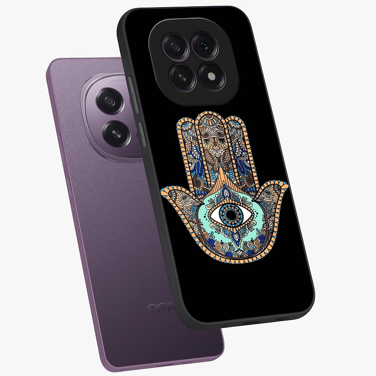 Mystic Hamsa Eye Glass Case displayed in angled mockup highlighting spiritual hamsa symbol with mystical aesthetic style.