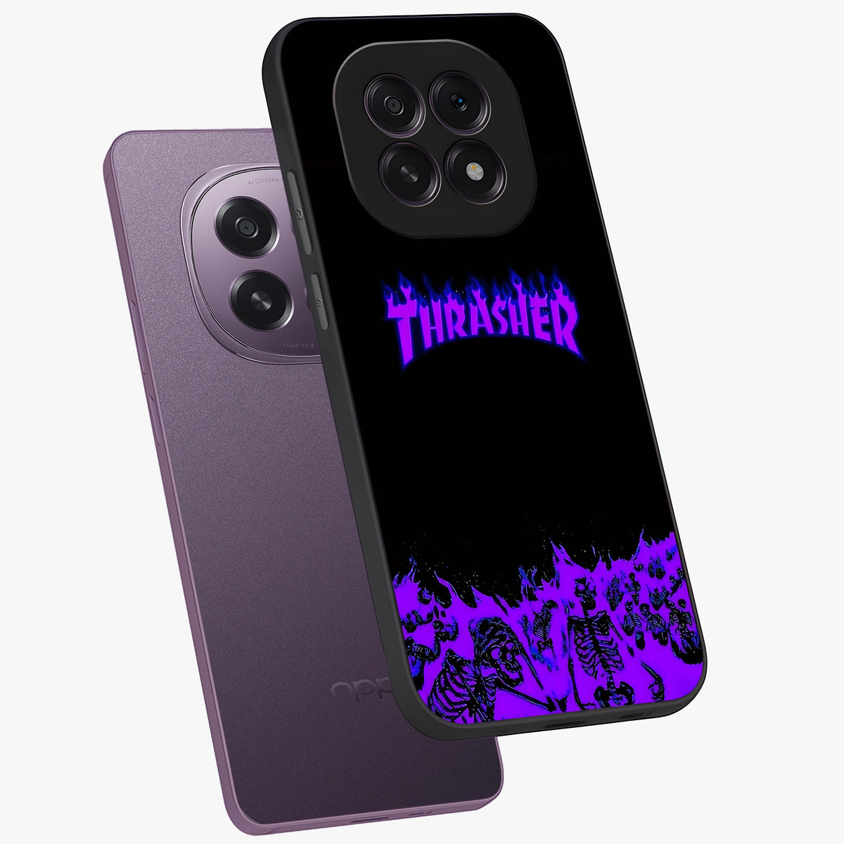 Neon Flame Riot Glass Case displayed in angled mockup highlighting glowing flame design with vibrant neon aesthetic.