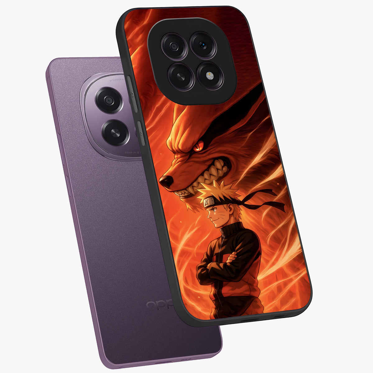 Nine Tails Legacy Glass Case displayed in angled mockup highlighting dynamic anime beast illustration with bold mystical aesthetic.