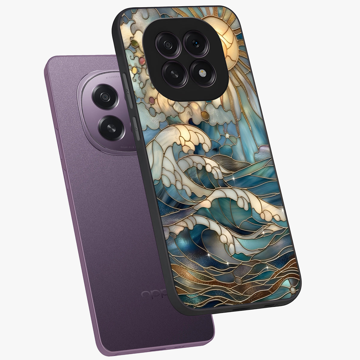 Oceanic Stained Printed Glass Case displayed in angled mockup highlighting colorful aquatic design with artistic aesthetic style.