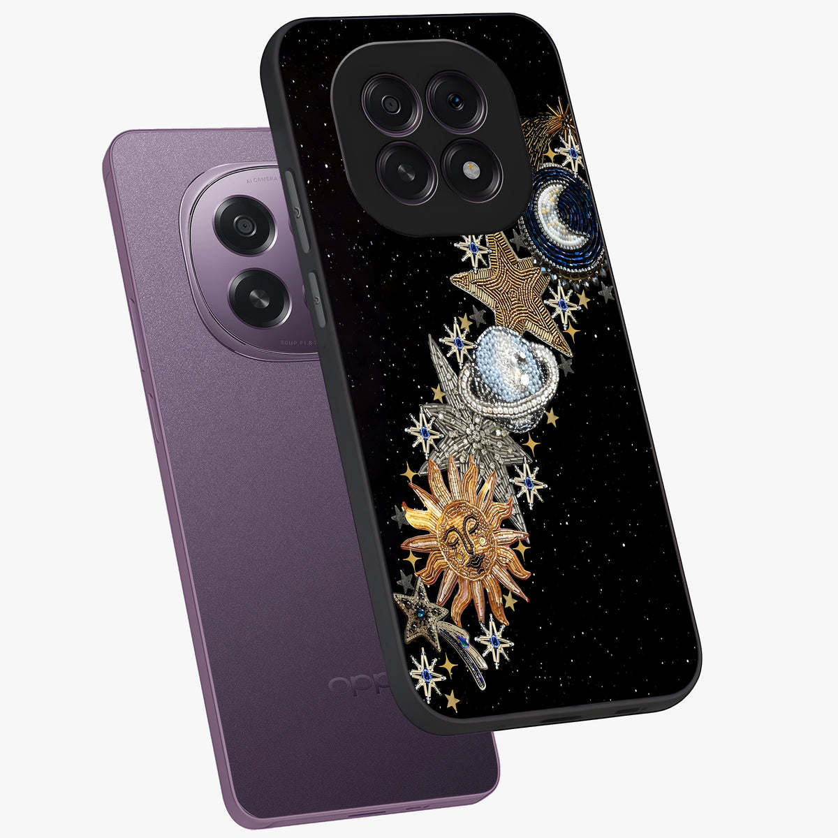 Pearls Universe Object Glass Case displayed in angled mockup highlighting celestial pearl design with dreamy aesthetic.