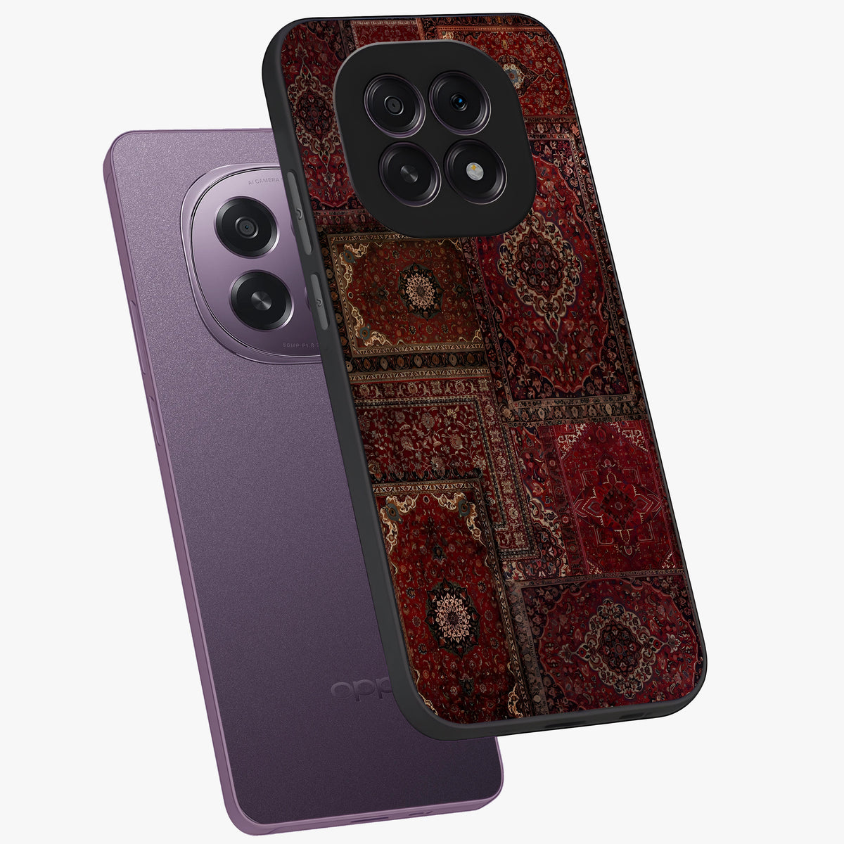 Persian Velvet Tale Glass Case displayed in angled mockup highlighting ornate textile inspired design with royal aesthetic.