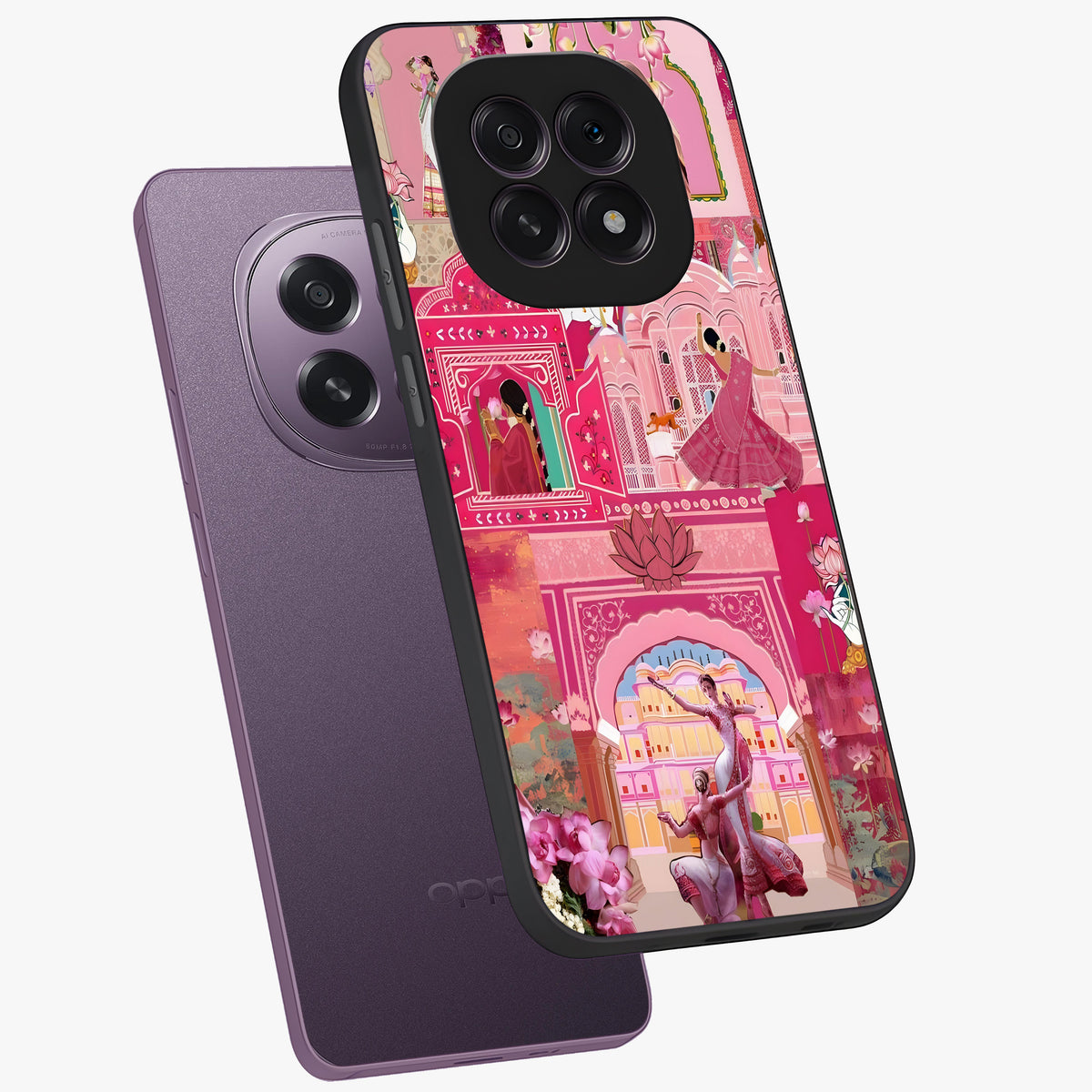 Pink Palace Muse Glass Case displayed in angled mockup highlighting dreamy palace illustration with soft pink aesthetic.