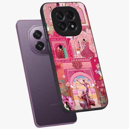 Pink Palace Muse Glass Case displayed in angled mockup highlighting dreamy palace illustration with soft pink aesthetic.