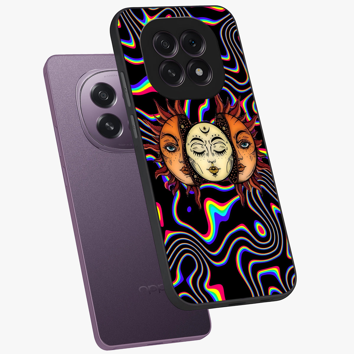 Psychedelic Sun Glass Case displayed in angled mockup highlighting vibrant abstract sun design with artistic aesthetic style.