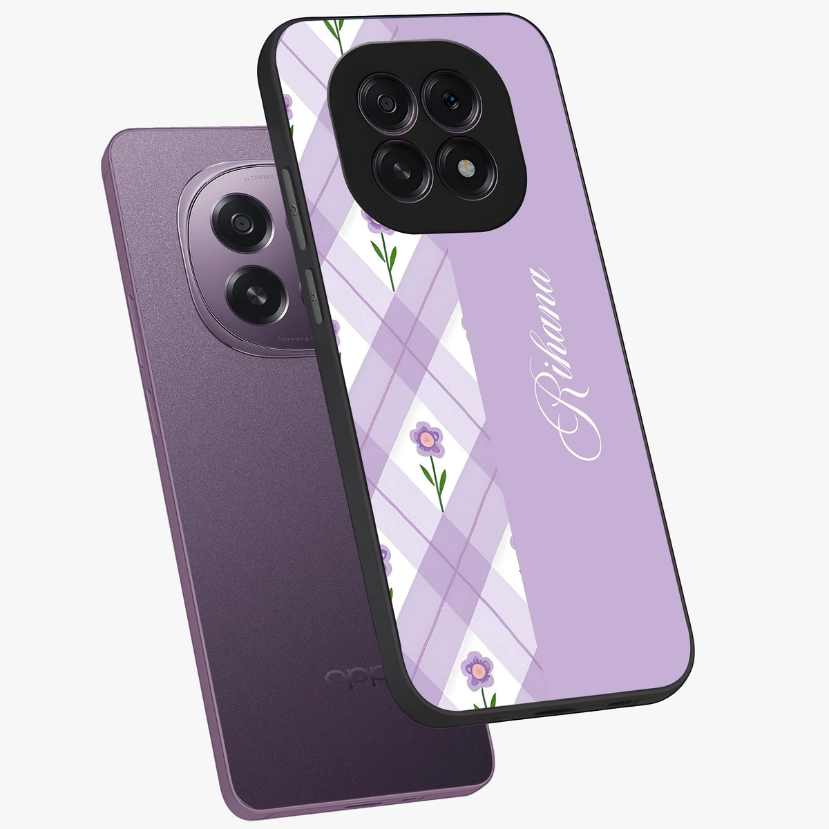 Purple Diamond Floral Glass Case displayed in angled mockup highlighting elegant purple flower design with decorative pattern.