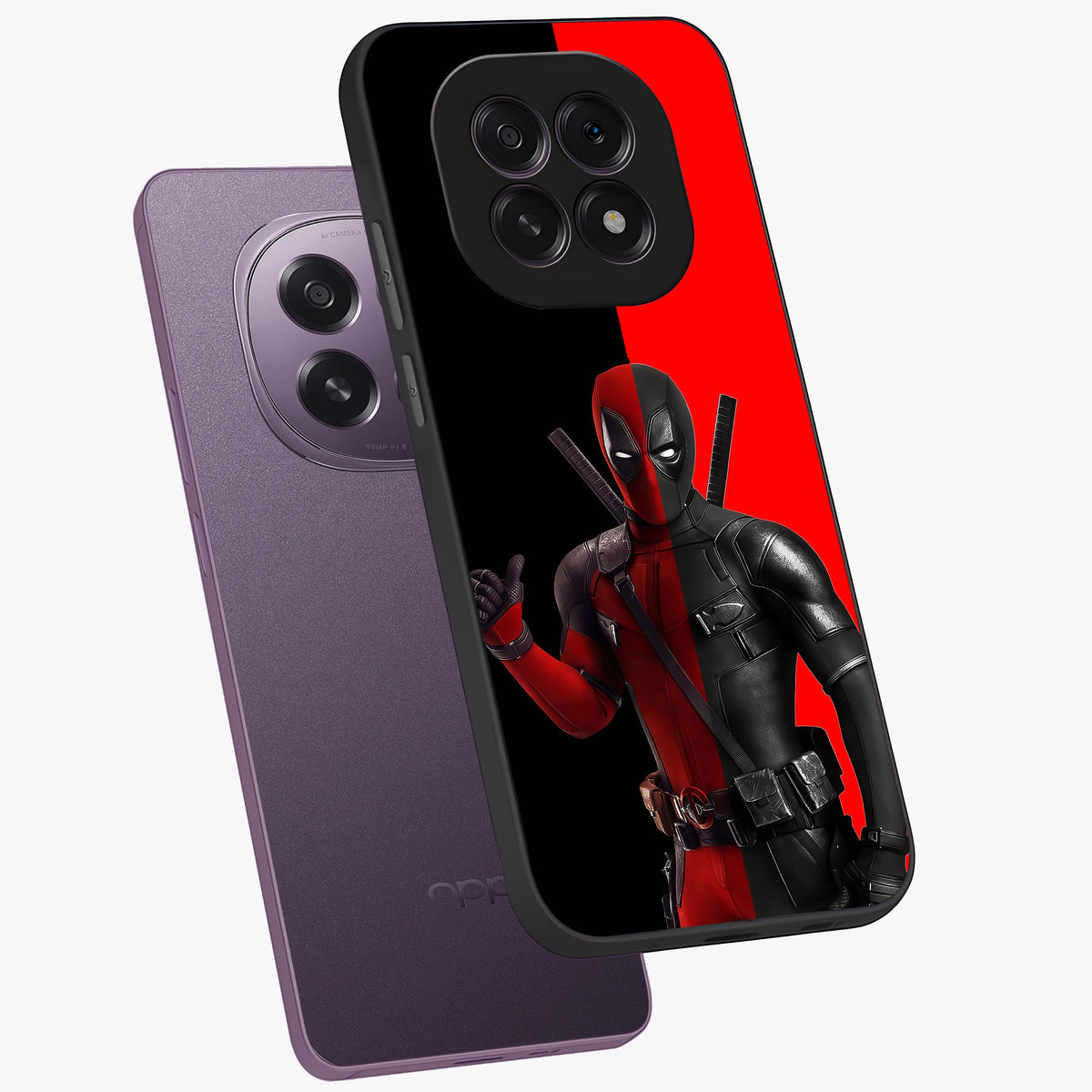 Red & Black Deadpool Theme Glass Case displayed in angled mockup highlighting vibrant superhero style illustration with action aesthetic.