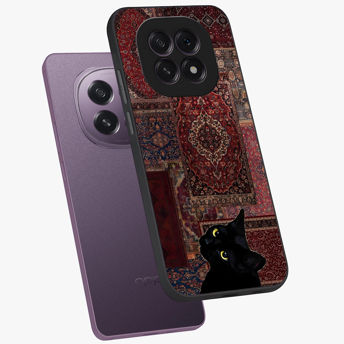 Regal Magic Cat Apple Glass Case displayed in angled mockup highlighting whimsical feline design with fantasy aesthetic.