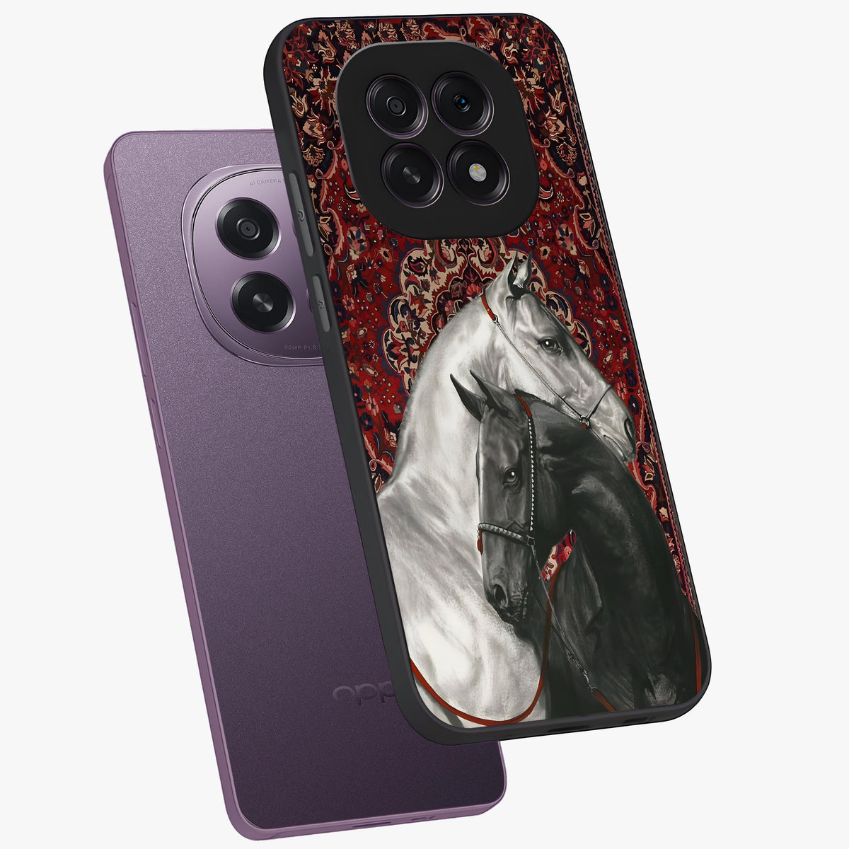 Regal Stallion Tapestry Glass Case displayed in angled mockup highlighting royal stallion design with decorative heritage aesthetic.