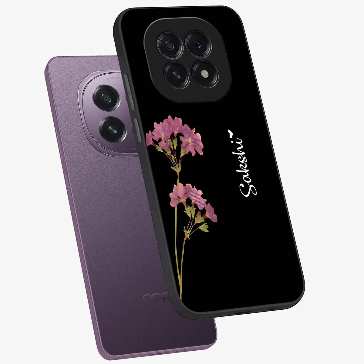 Riching Lavender Flower Custom Name Glass Case displayed in angled mockup highlighting delicate lavender flower design with custom name feature.