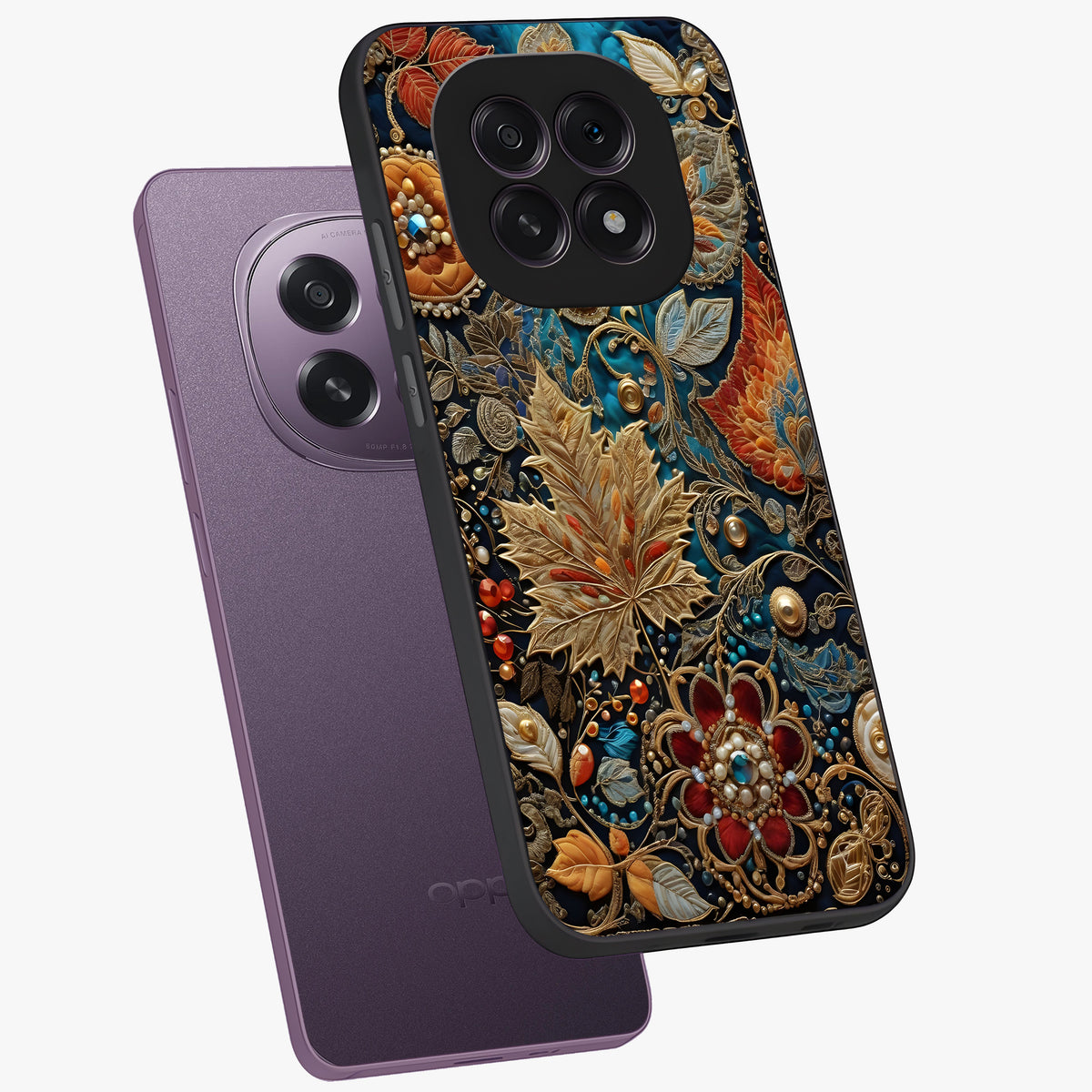 Royal Jewel Garden Glass Case displayed in angled mockup highlighting vibrant jewel inspired floral design with elegant aesthetic.