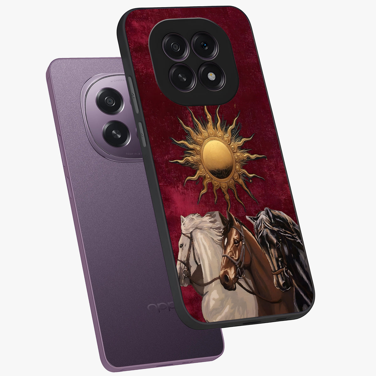 Solar Riders Glass Case displayed in angled mockup highlighting powerful rider illustration with radiant solar aesthetic.