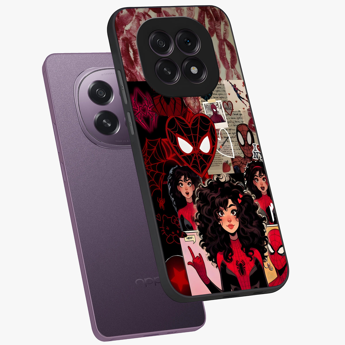 Spider Love Story Glass Case displayed in angled mockup highlighting expressive comic inspired design with playful aesthetic.
