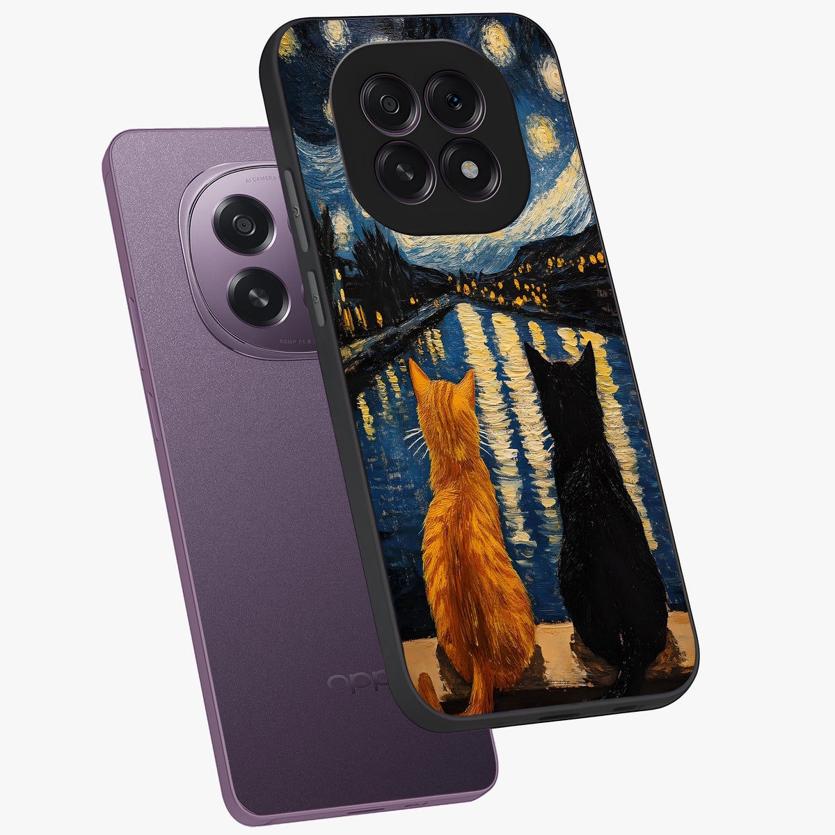 Starry River Cats Glass Case displayed in angled mockup highlighting charming feline illustration with dreamy night aesthetic.