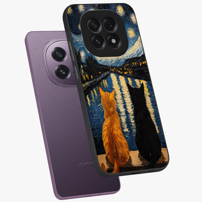 Starry River Cats Glass Case displayed in angled mockup highlighting charming feline illustration with dreamy night aesthetic.