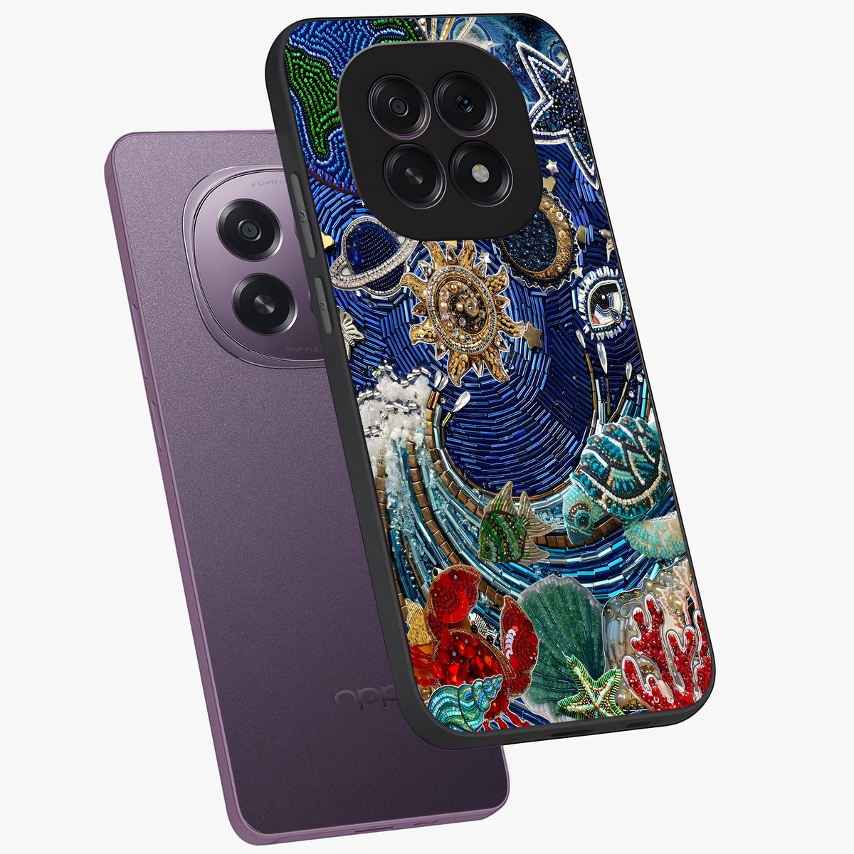 Universe Underwater Spark Glass Case displayed in angled mockup highlighting glowing aquatic design with celestial aesthetic.