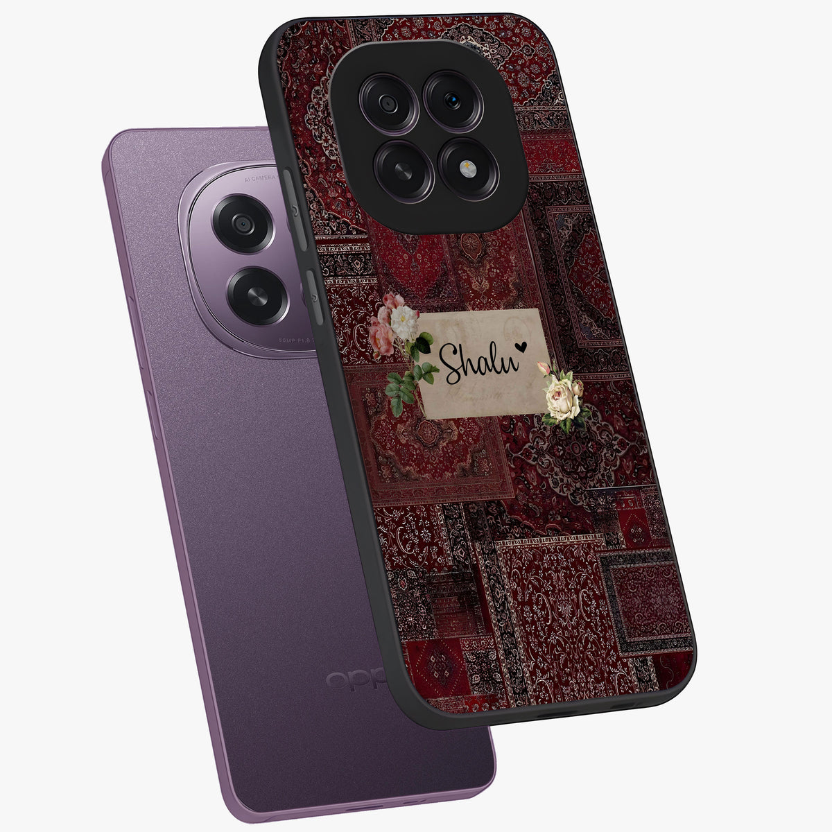 Velvet Wine Pattern Custom Name Glass Case displayed in angled mockup highlighting decorative velvet inspired design with custom name feature.