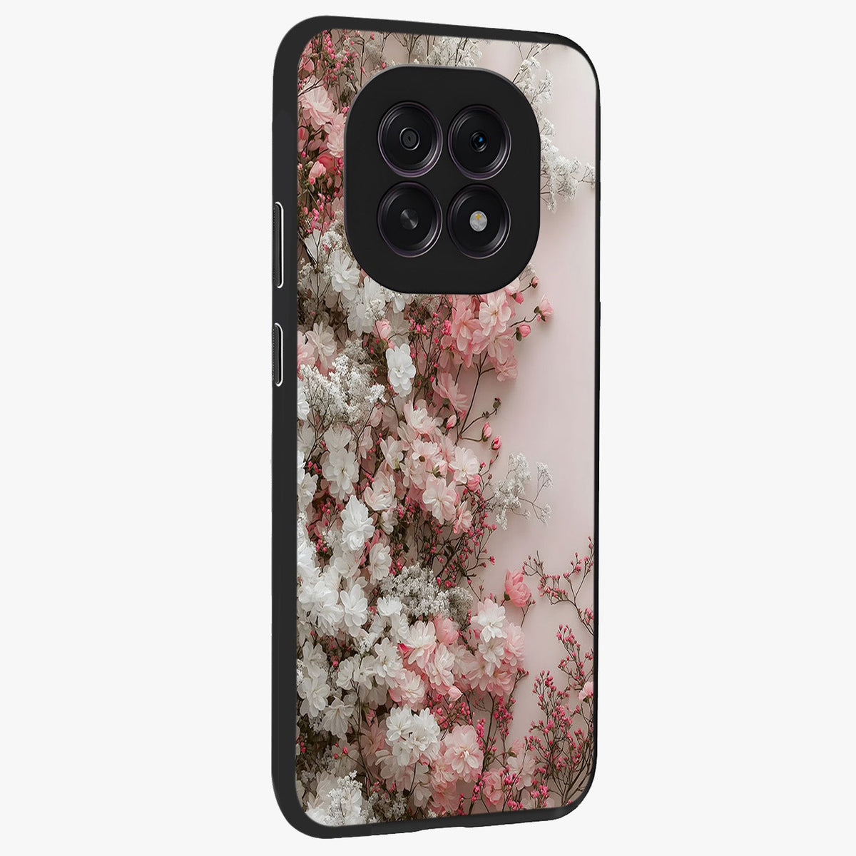 Blush Blossom Cloud Glass Case upright view showcasing calm floral cloud artwork with gentle dreamy theme.