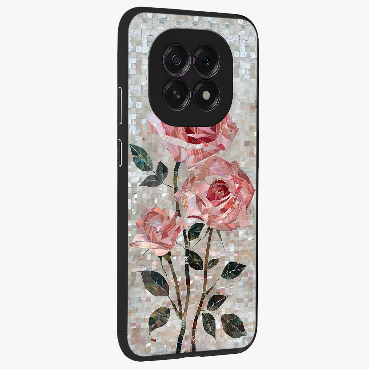 Blush Mosaic Bloom Glass Case upright view showcasing decorative floral mosaic artwork with stylish modern aesthetic.