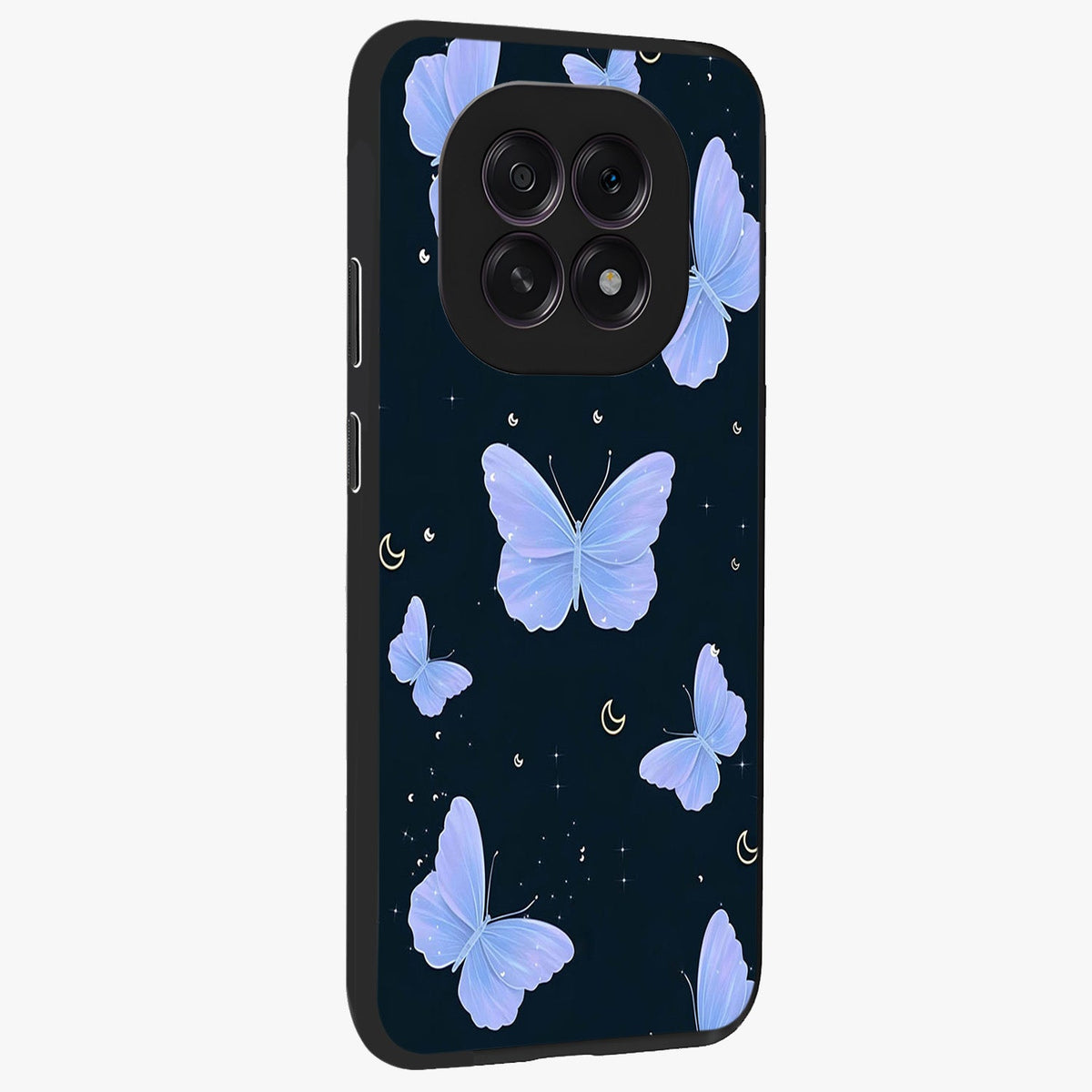 Butterfly With Stars Pattern Glass Case upright view showcasing celestial butterfly artwork with sparkling star elements.