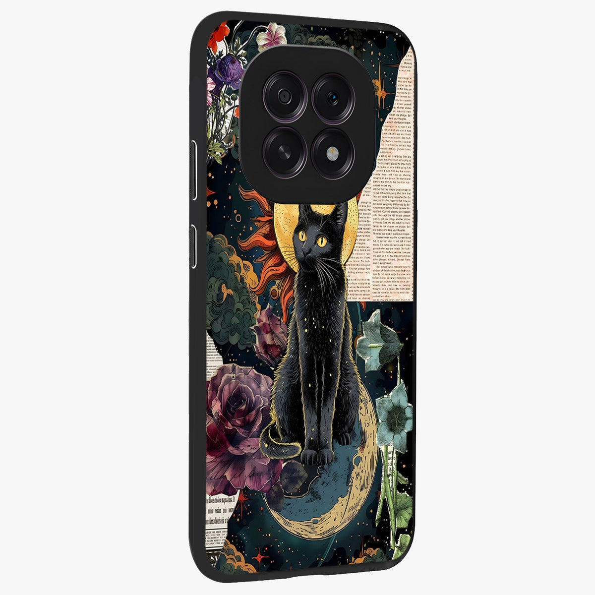 Celestial Black Cat Glass Case upright view showcasing magical black cat illustration with starry cosmic theme.