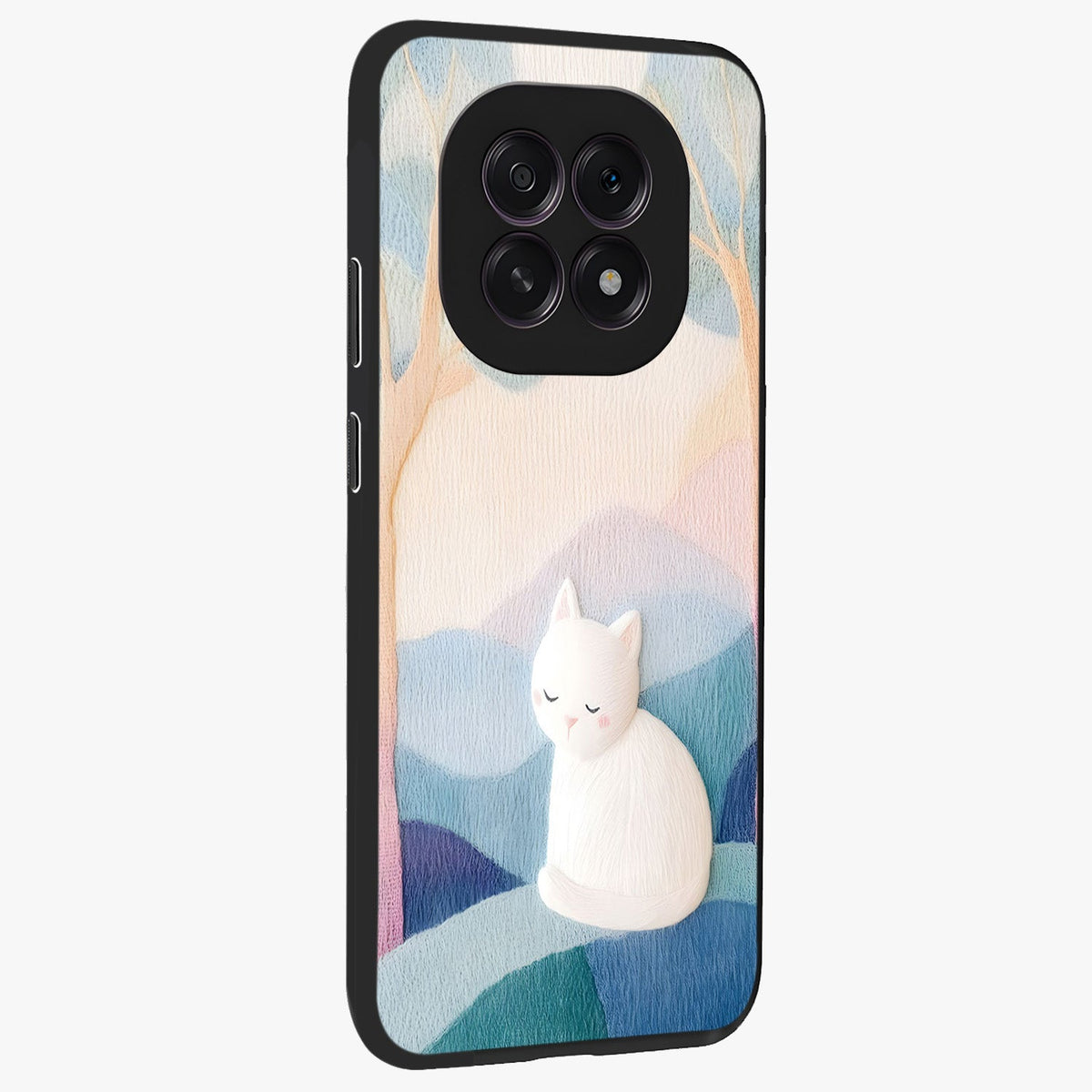 Cotton Dream Cat Glass Case upright view showcasing charming cat artwork with cozy dreamy theme.