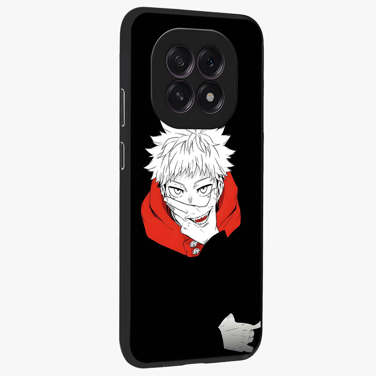 Crimson Chaos Smile Glass Case upright view showcasing expressive chaotic artwork with striking visual theme.
