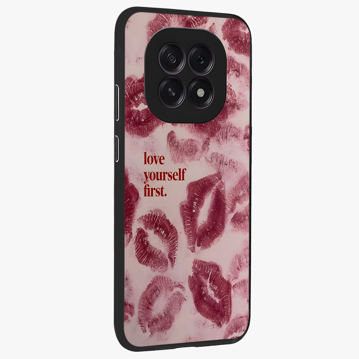 Crimson Kiss Love Glass Case upright view showcasing expressive romantic artwork with deep crimson theme.