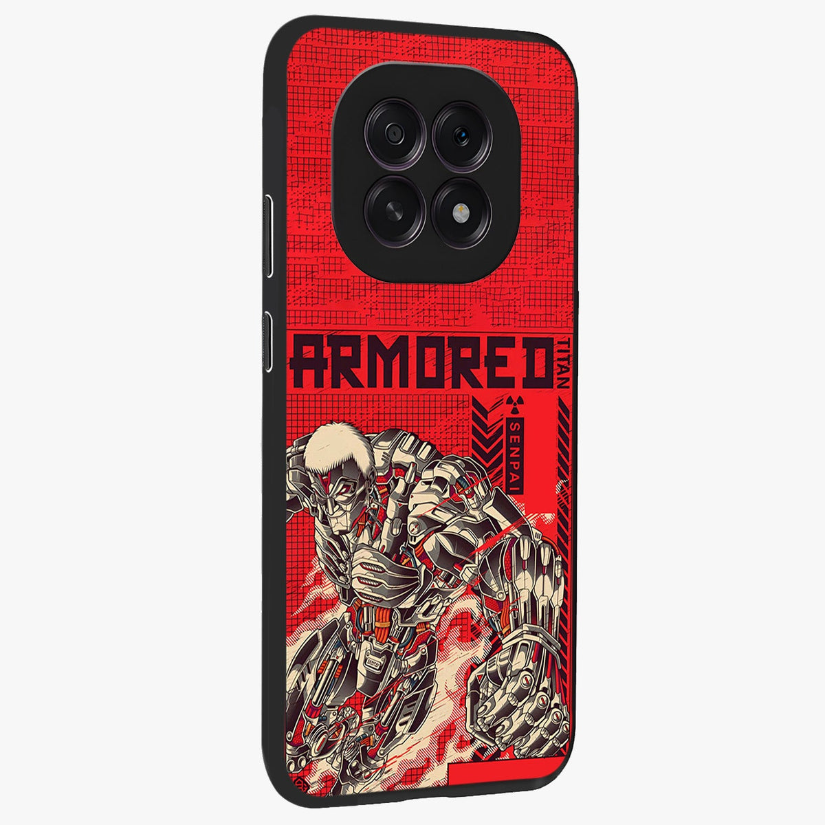 Crimson Mecha Titan Glass Case upright view showcasing dynamic robotic titan design with sci-fi inspired theme.