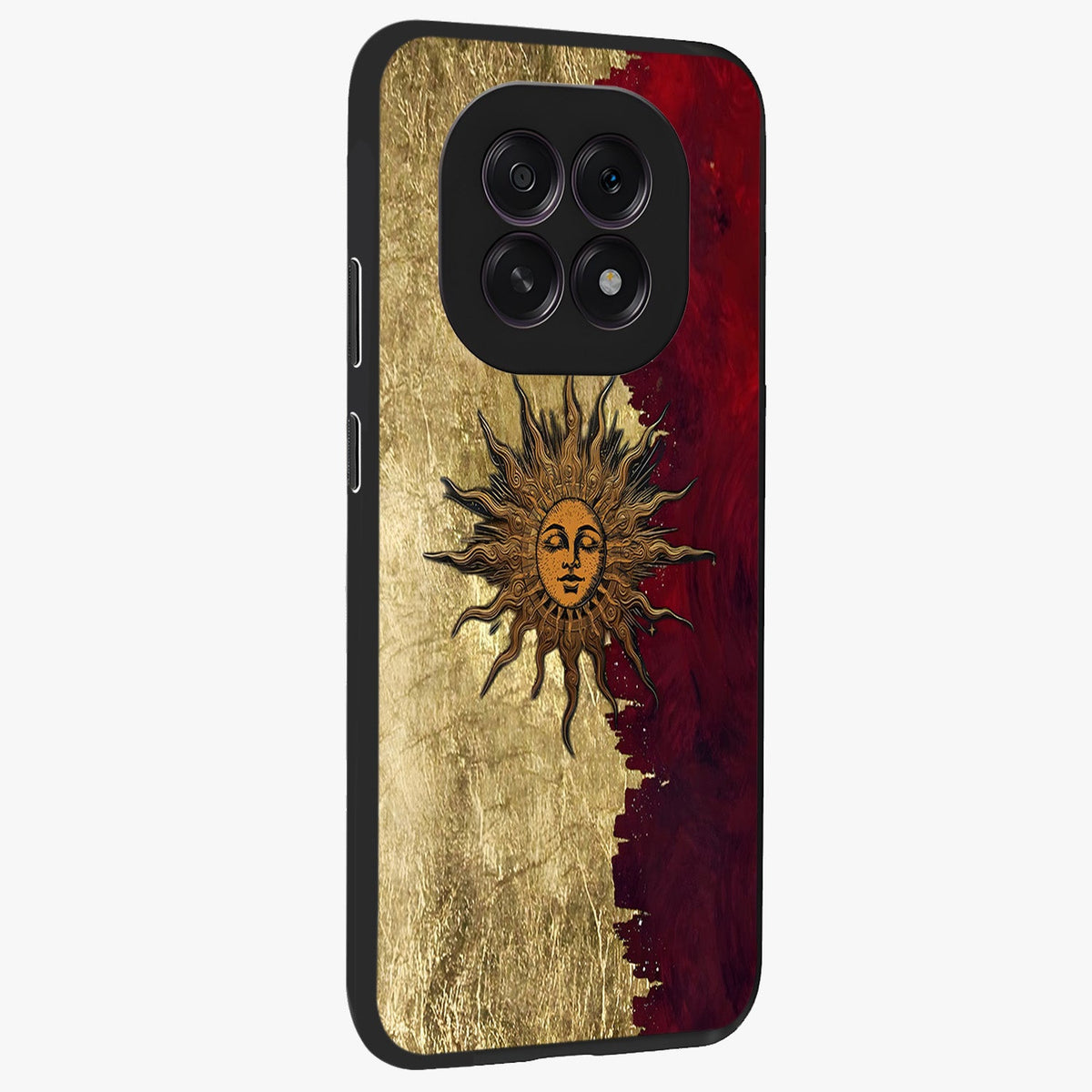 Crimson Sun Majesty Glass Case upright view showcasing vibrant sun artwork with powerful celestial theme.