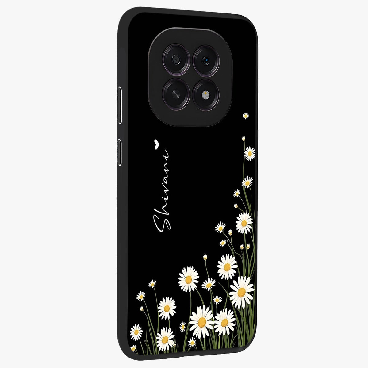 Daisy Cascade Custom Name Glass Case upright view showcasing elegant floral cascade design with personalized aesthetic.