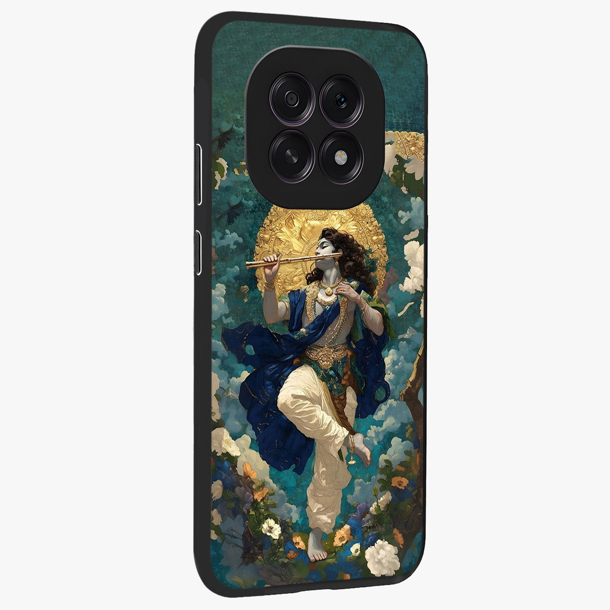 Divine Krishna Art Glass Case upright view showcasing divine Krishna artwork with sacred artistic theme.