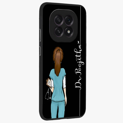 Doctor Pattern Custom Name Glass Case upright view showcasing healthcare themed design with personalized aesthetic.