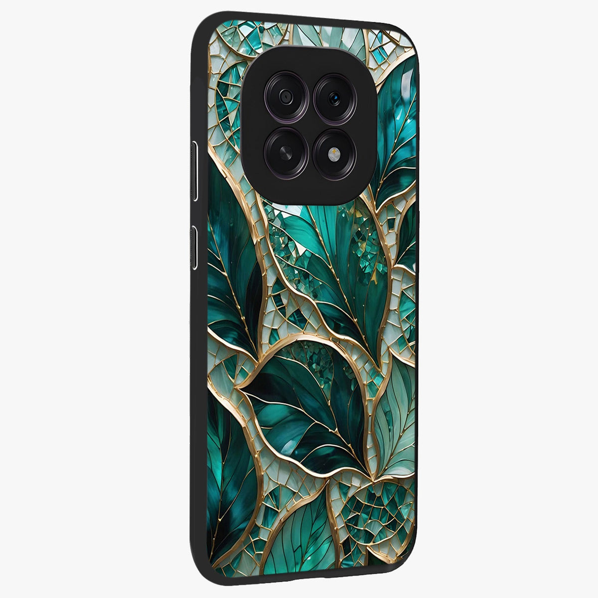 Emerald Leaf Glass Glass Case upright view showcasing fresh green leaf artwork with calming nature inspired style.