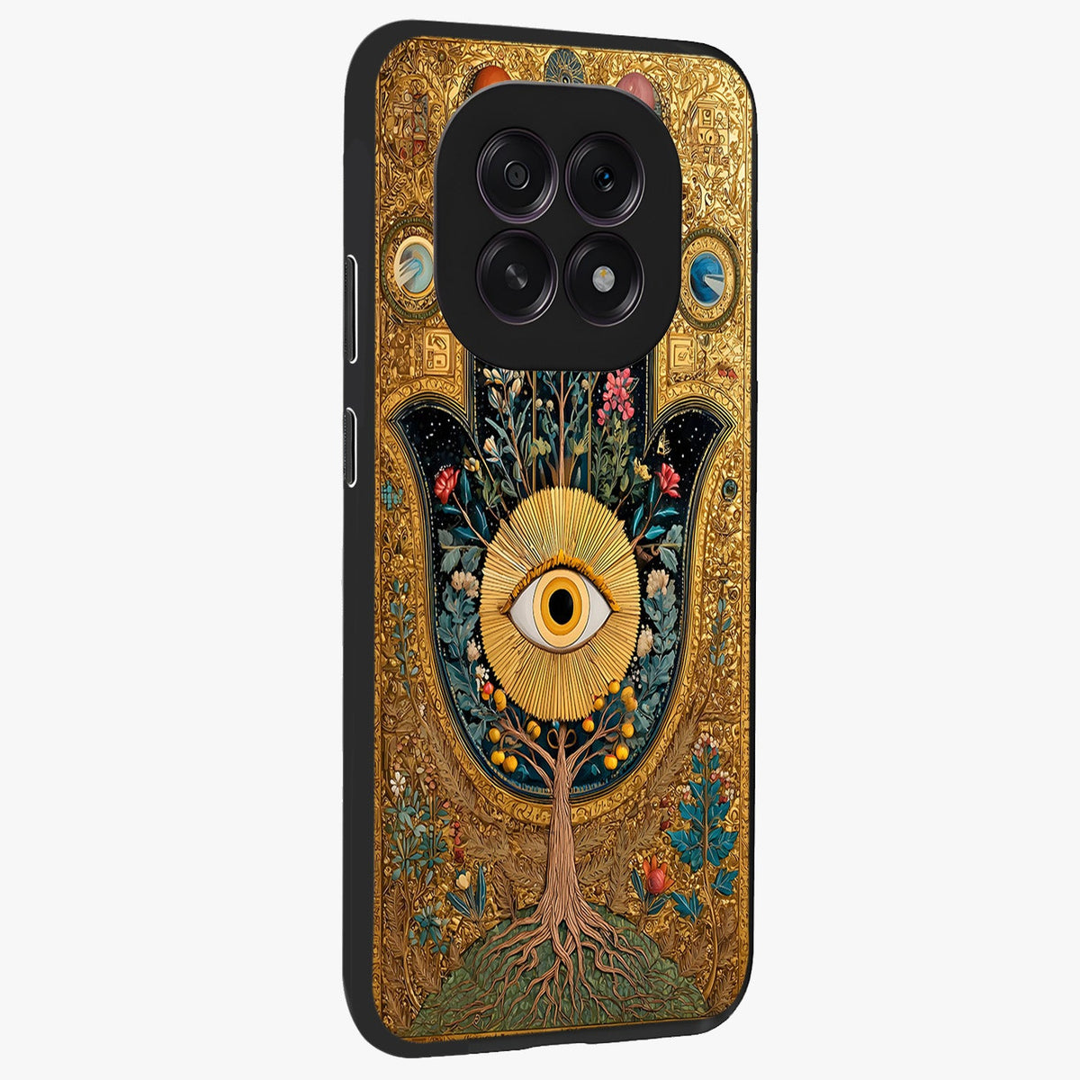 Ethereal Evil Eye Glass Case upright view showcasing celestial evil eye artwork with mystical theme.