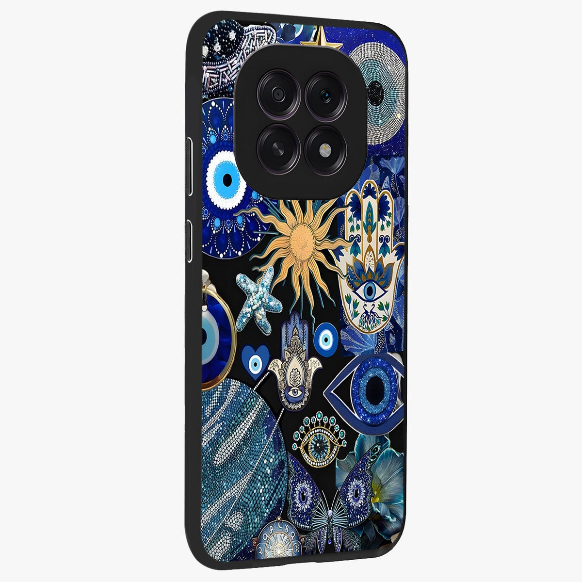 Evil Eye Charm Mix Glass Case upright view showcasing mystical evil eye pattern with vibrant decorative style.