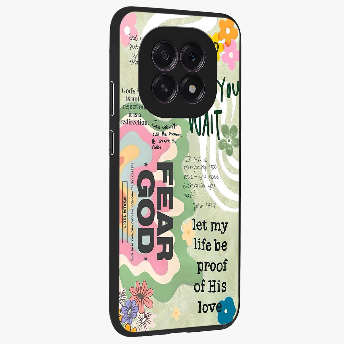Faith Over Fear Glass Case upright view showcasing bold typography artwork with uplifting motivational theme.