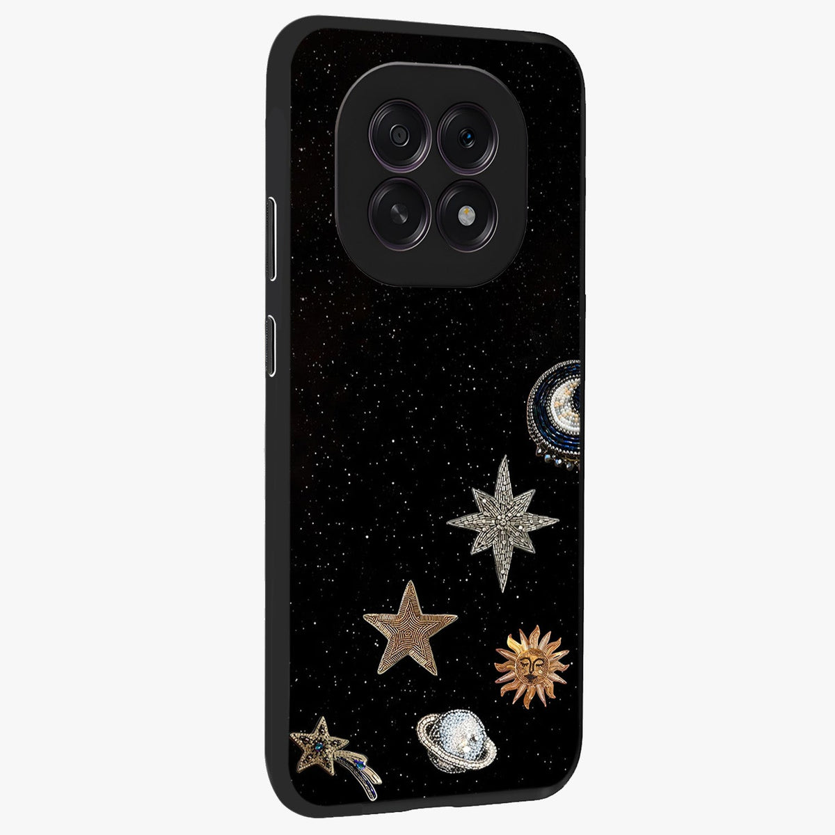 Galactic Charm Glow Glass Case upright view showcasing glowing cosmic charm artwork with magical celestial style.
