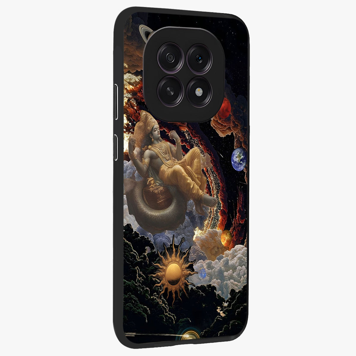Galactic Divine God Glass Case upright view showcasing mystical divine artwork with dramatic cosmic theme.